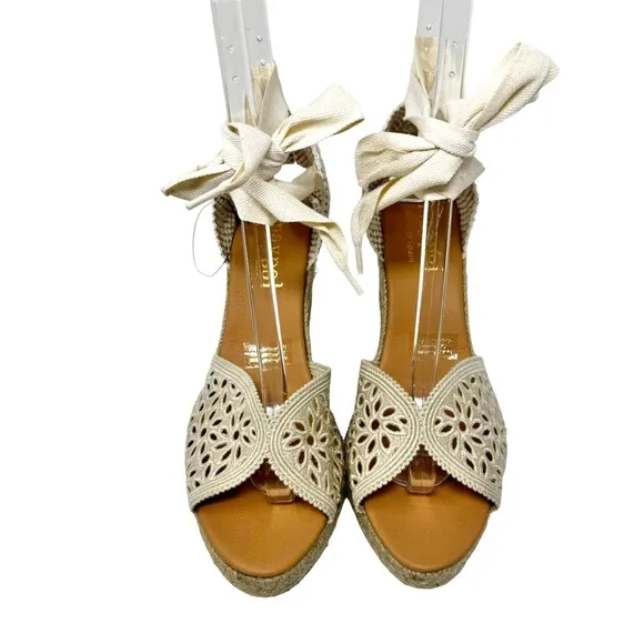 Maypol NEW Crochet Espadrille Wedge Sandals Peep Toe Ankle Wrap Cream Size 41