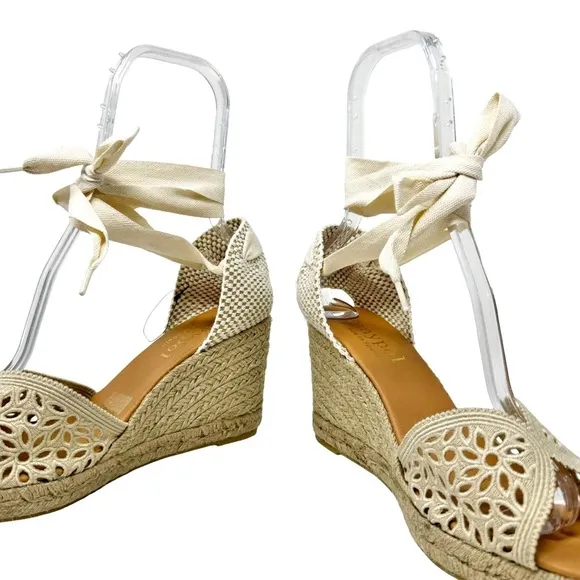 Maypol NEW Crochet Espadrille Wedge Sandals Peep Toe Ankle Wrap Cream Size 41