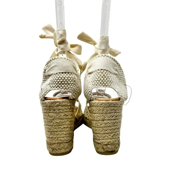 Maypol NEW Crochet Espadrille Wedge Sandals Peep Toe Ankle Wrap Cream Size 41