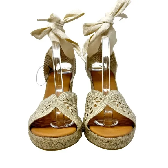 Maypol NEW Crochet Espadrille Wedge Sandals Peep Toe Ankle Wrap Cream Size 41