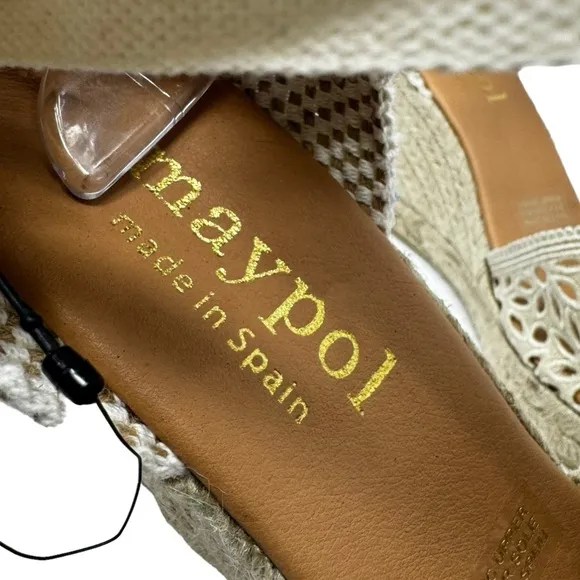 Maypol NEW Crochet Espadrille Wedge Sandals Peep Toe Ankle Wrap Cream Size 41