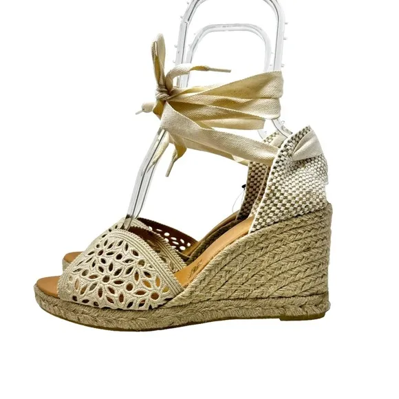 Maypol NEW Crochet Espadrille Wedge Sandals Peep Toe Ankle Wrap Cream Size 41