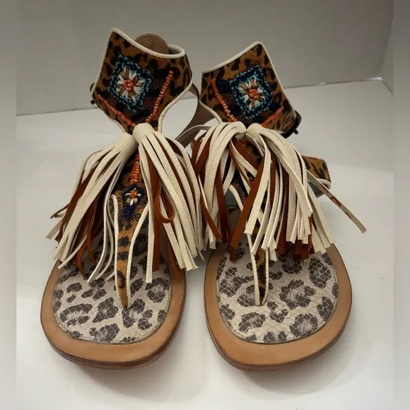 Meher Kakalia Tiki Sofia Tassel Leather Beaded Sandals Size  40