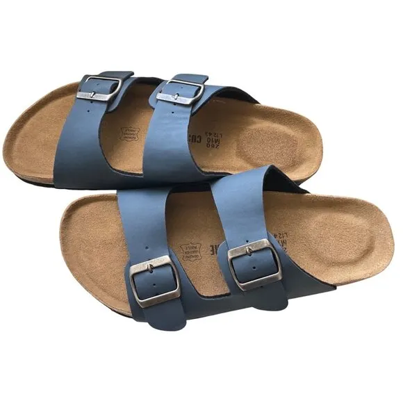 Mens Blue Double Buckle Sandals With Cork Sole &amp; Adjustable Straps 10