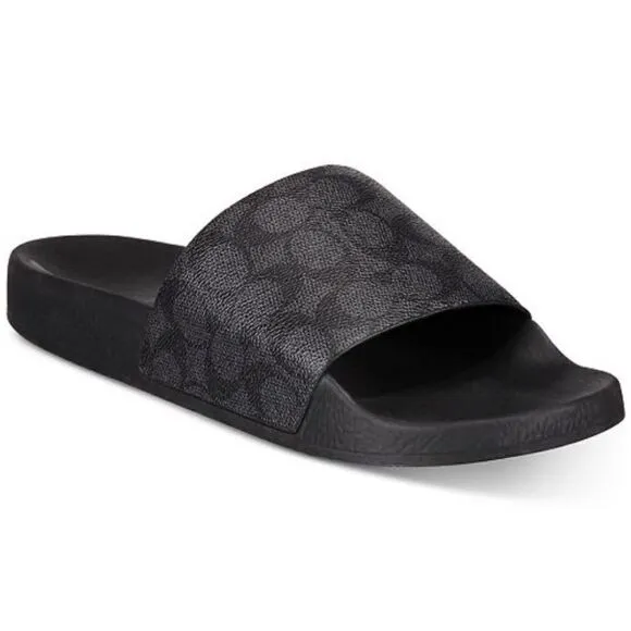 Men's COACH Charcoal Black Signature Logo Pool Slides Slip On Sandals 10 $178