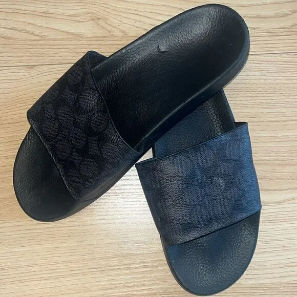 Men's COACH Charcoal Black Signature Logo Pool Slides Slip On Sandals 10 $178