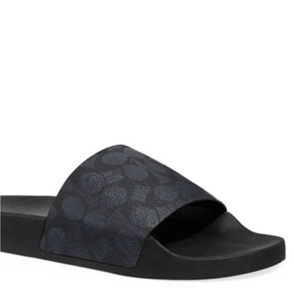 Men's COACH Charcoal Black Signature Logo Pool Slides Slip On Sandals 10 $178
