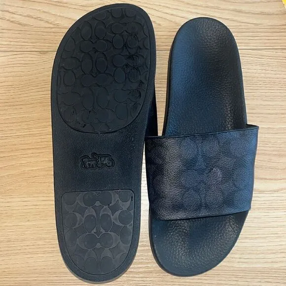 Men's COACH Charcoal Black Signature Logo Pool Slides Slip On Sandals 10 $178