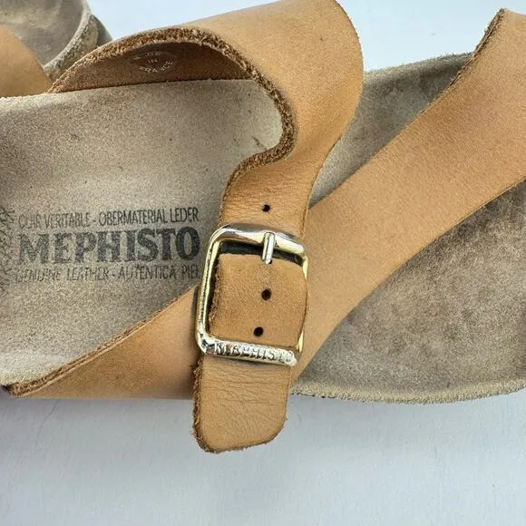 Mephisto Helen Classics Tan Leather Cork Midsole Buckle Slip On Sandals Sz 36