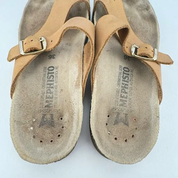 Mephisto Helen Classics Tan Leather Cork Midsole Buckle Slip On Sandals Sz 36