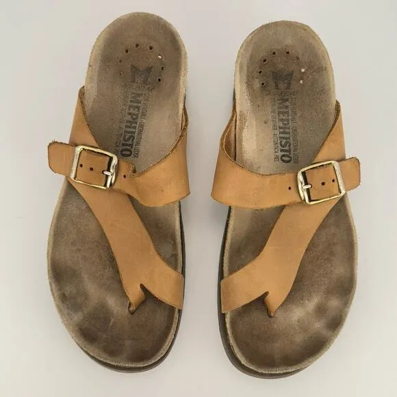 Mephisto Helen Classics Tan Leather Cork Midsole Buckle Slip On Sandals Sz 36