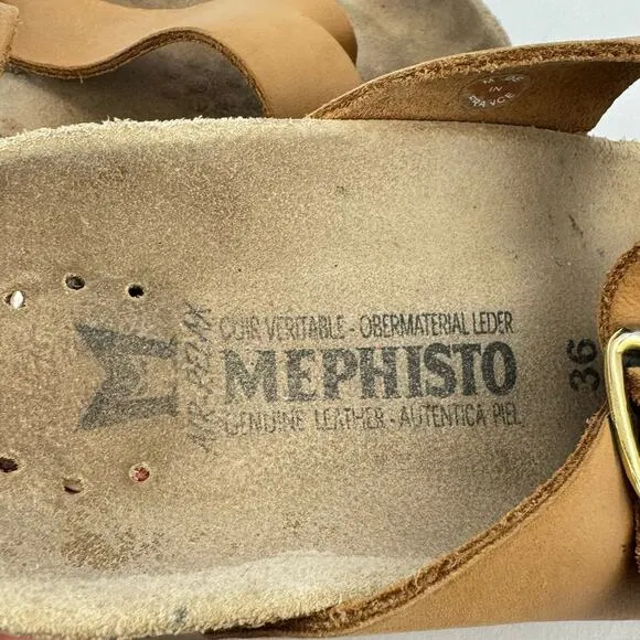 Mephisto Helen Classics Tan Leather Cork Midsole Buckle Slip On Sandals Sz 36