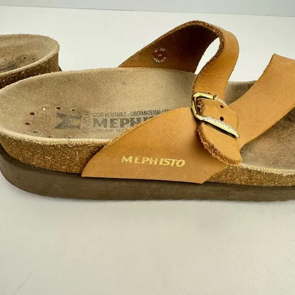 Mephisto Helen Classics Tan Leather Cork Midsole Buckle Slip On Sandals Sz 36