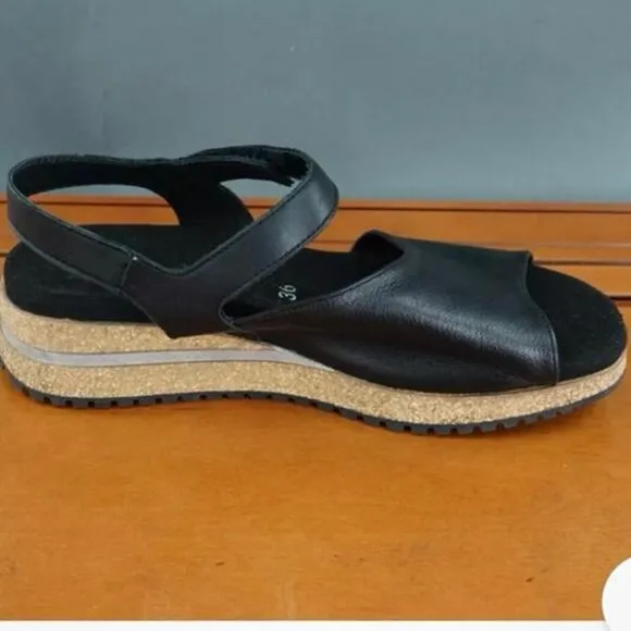 Mephisto Joy Womens Shoe Black Leather Slingback Wedge Platform Sandals, S88