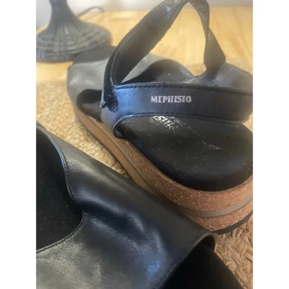 Mephisto Joy Womens Shoe Black Leather Slingback Wedge Platform Sandals, S88