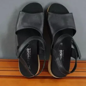 Mephisto Joy Womens Shoe Black Leather Slingback Wedge Platform Sandals, S88