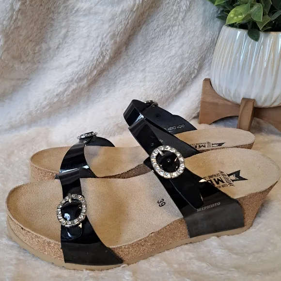 Mephisto Lidia Sandals Black Patent Rhinestone Buckle Platform Wedge Size 8 NWT