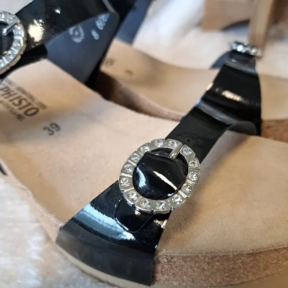 Mephisto Lidia Sandals Black Patent Rhinestone Buckle Platform Wedge Size 8 NWT