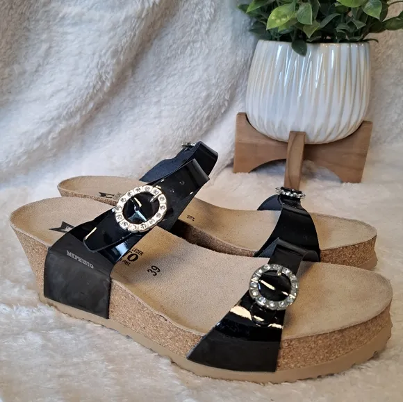 Mephisto Lidia Sandals Black Patent Rhinestone Buckle Platform Wedge Size 8 NWT