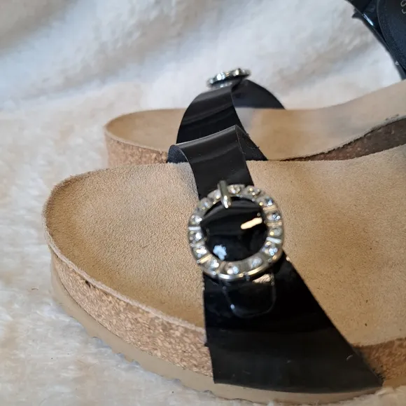 Mephisto Lidia Sandals Black Patent Rhinestone Buckle Platform Wedge Size 8 NWT