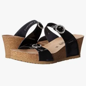 Mephisto Lidia Sandals Black Patent Rhinestone Buckle Platform Wedge Size 8 NWT