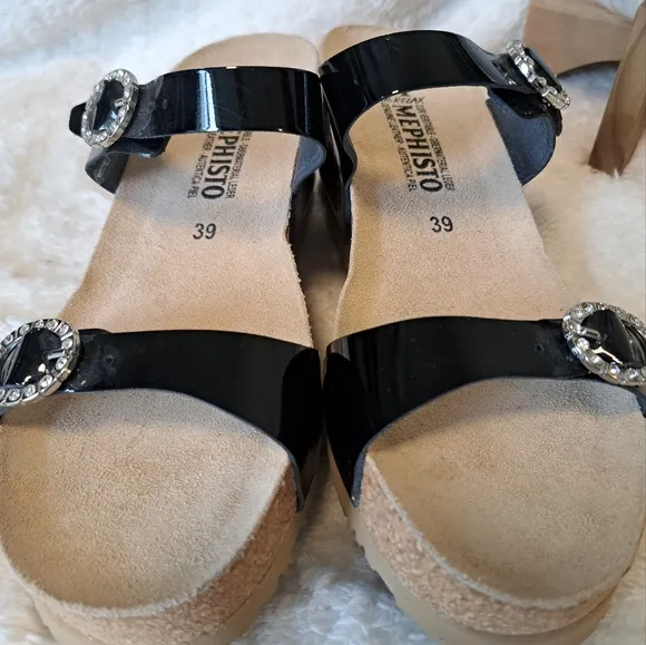 Mephisto Lidia Sandals Black Patent Rhinestone Buckle Platform Wedge Size 8 NWT