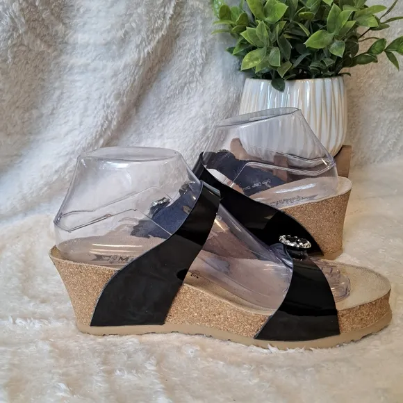 Mephisto Lidia Sandals Black Patent Rhinestone Buckle Platform Wedge Size 8 NWT