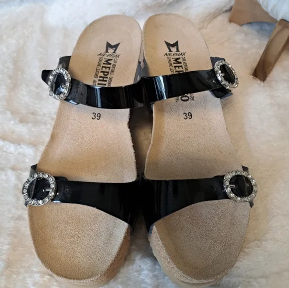 Mephisto Lidia Sandals Black Patent Rhinestone Buckle Platform Wedge Size 8 NWT