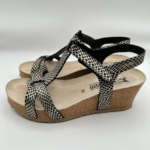 Mephisto Liviane Wedge Sandals Size 39 US 8.5-9 Snakeskin Leather Print Black