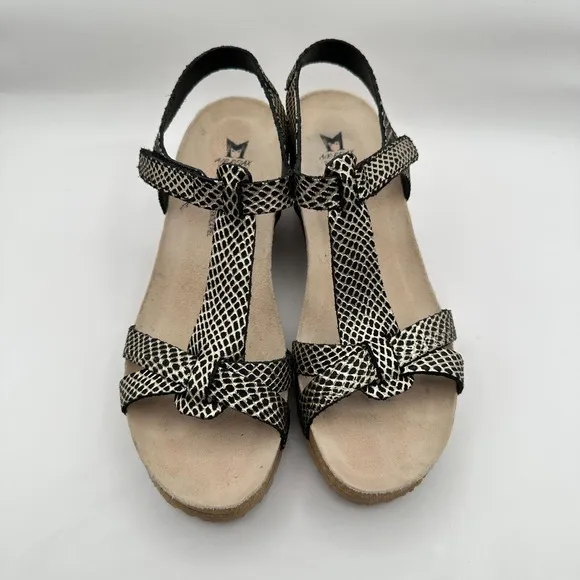 Mephisto Liviane Wedge Sandals Size 39 US 8.5-9 Snakeskin Leather Print Black