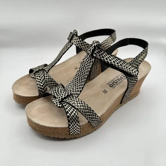 Mephisto Liviane Wedge Sandals Size 39 US 8.5-9 Snakeskin Leather Print Black