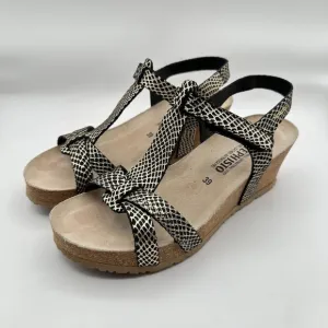 Mephisto Liviane Wedge Sandals Size 39 US 8.5-9 Snakeskin Leather Print Black