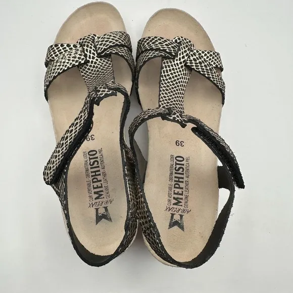 Mephisto Liviane Wedge Sandals Size 39 US 8.5-9 Snakeskin Leather Print Black