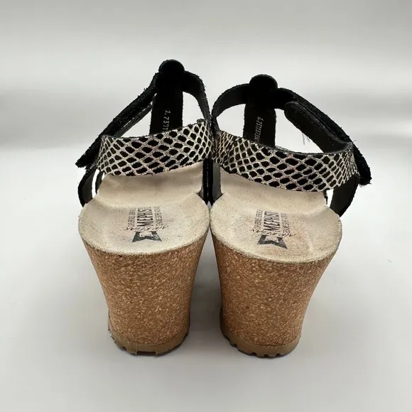 Mephisto Liviane Wedge Sandals Size 39 US 8.5-9 Snakeskin Leather Print Black