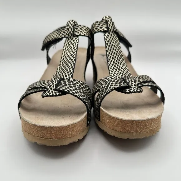 Mephisto Liviane Wedge Sandals Size 39 US 8.5-9 Snakeskin Leather Print Black