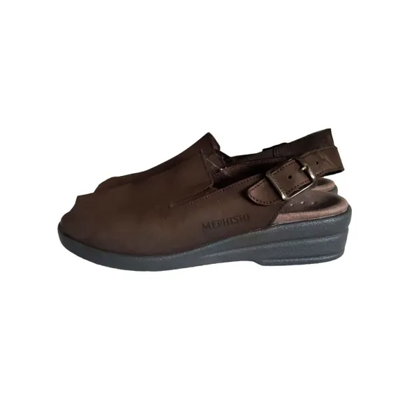 Mephisto Nonny Women’s Size 6 Brown Leather Slingback Peep Toe Wedge Sandals