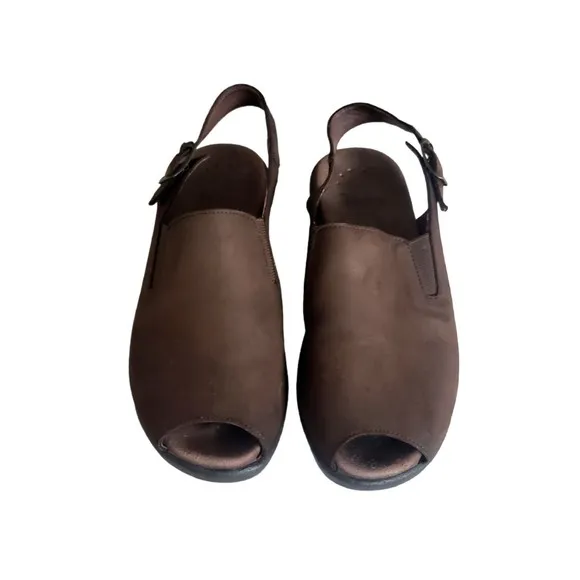 Mephisto Nonny Women’s Size 6 Brown Leather Slingback Peep Toe Wedge Sandals