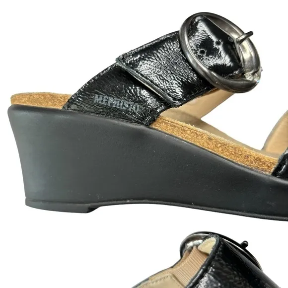 Mephisto Size 37 US 6.5 / 7  Black Patent Leather Strappy Sandals Adjustable