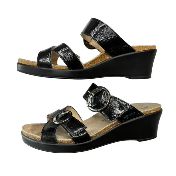 Mephisto Size 37 US 6.5 / 7  Black Patent Leather Strappy Sandals Adjustable