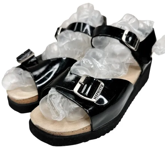 Mephisto Wedge Sandals Black Patent Leather Buckle Straps SZ 37