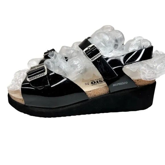 Mephisto Wedge Sandals Black Patent Leather Buckle Straps SZ 37