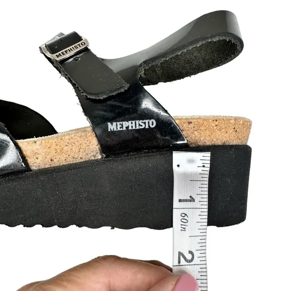 Mephisto Wedge Sandals Black Patent Leather Buckle Straps SZ 37