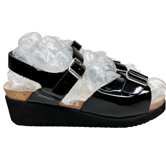 Mephisto Wedge Sandals Black Patent Leather Buckle Straps SZ 37
