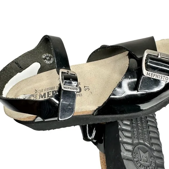Mephisto Wedge Sandals Black Patent Leather Buckle Straps SZ 37