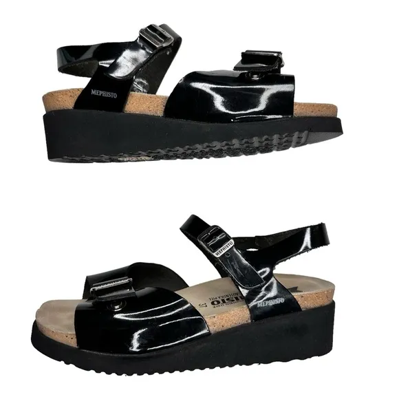 Mephisto Wedge Sandals Black Patent Leather Buckle Straps SZ 37