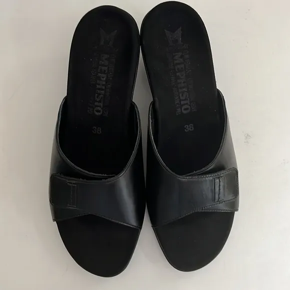 Mephisto’s  Black Leather Wedge Heel Slide Sandals Woman Size 8
