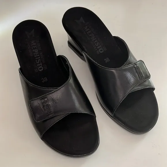 Mephisto’s  Black Leather Wedge Heel Slide Sandals Woman Size 8