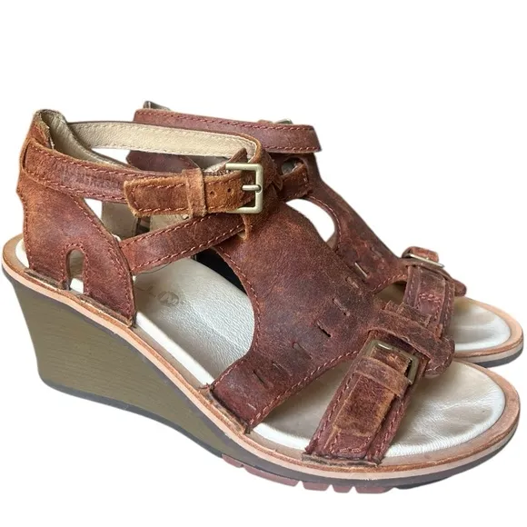Merrell Women's Sirah Prairie Brown‎ Leather Wedge Sandals US Size 6