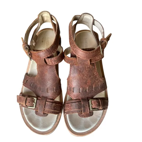 Merrell Women's Sirah Prairie Brown‎ Leather Wedge Sandals US Size 6
