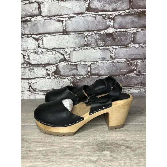 MIA Greta Black Leather Ankle Strap Wooden Heel Sandals Women’s Sz 38EU/7.5M US